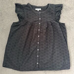 Madewell Eyelet Button-Front Flutter Sleeve Top - Black NWOT